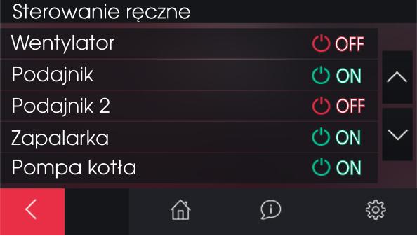 Widok okna sterowania ręcznego, gdzie OFF oznacza, że urządzenie jest wyłączone, ON załączone.