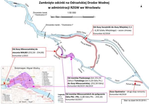 PGW WP RZGW we Wrocławiu od ujścia rzeki Nysy Kłodzkiej (km 181,30) do ujścia rzeki Warty (km 617,60) Na dzień 8 marca 2019 r.