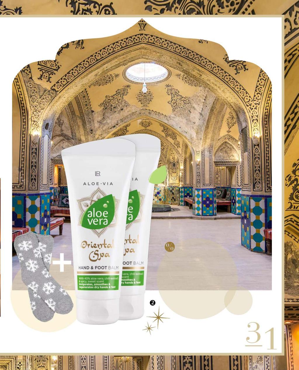 40 % Aloe Vera ROZGRZEWAJĄCY BALSAM Z ORIENTALNĄ NUTĄ Rozgrzewający, orientalny balsam do rąk i stóp. Rozgrzej nim zmarznięte stopy, a następnie załóż miękkie, ciepłe skarpety.