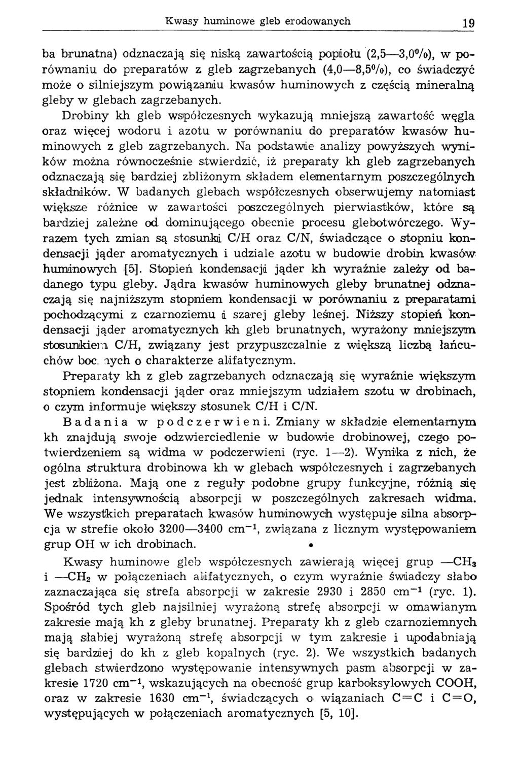 K w asy hum inow e gleb erodow anych 19 ba brunatna) odznaczają się niską zaw artością popiołu (2,5 3,0Vo), w porów naniu do- preparatów z gleb zagrzebanych (4,0 8,5%), co świadczyć może o