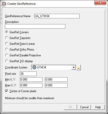 zdefiniowanie zakresu i rozmiaru rastra; File-Create-Coordinate system (UTM) File-Create-Georeference, z UTM, wypełnić