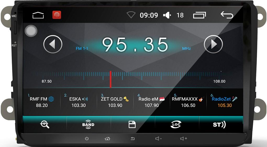 0, Volkswagen uniwersalny, 50W x 4, kablowe gniazdo ISO, 9 ( 1024 x 600 ) pixels, pojemnościowy panel dotykowy GPS, RGB podświetlenie, BLUETOOTH A2DP, książka adresowa z wybieraniem literowym,