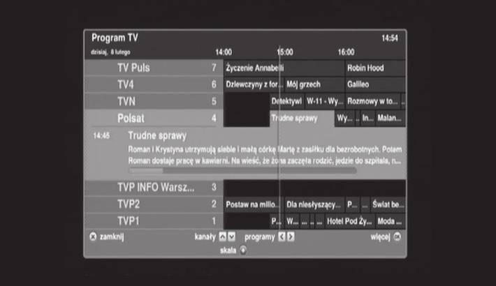 Lista kanałów Dekoder T-HD 200 w czytelny sposób prezentuje listę dostępnych kanałów telewizyjnych wraz z informacją o aktualnie nadawanej audycji.