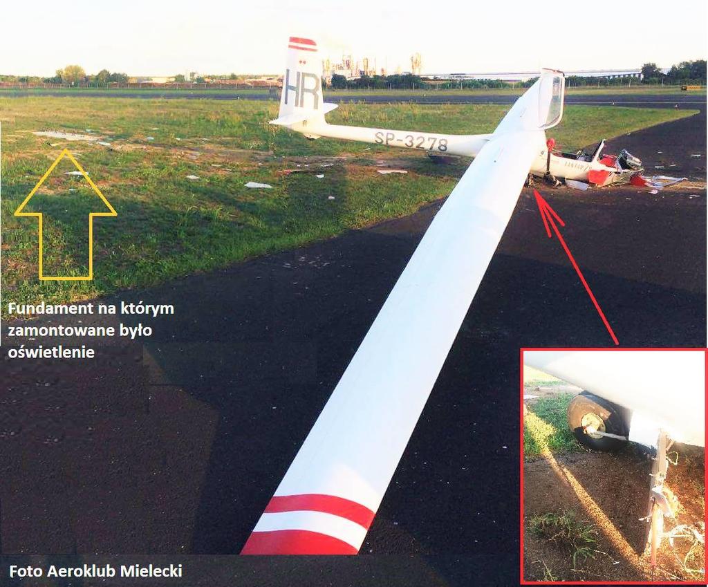 (około10 ) szybowiec uderzył kołem podwozia głównego w pionowy znak będący elementem oświetlenia lotniska informujący o miejscu zatrzymania się samolotu przed wjazdem na główną drogę startową.