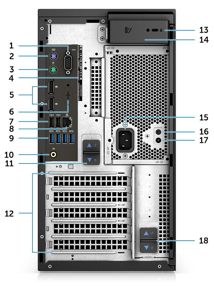 Widok z tyłu 1 Port szeregowy 2 Port PS2 (port klawiatury) 3 Port PS2 (port myszy) 4 Service Tag 5 DisplayPort x2 6 Miejsce na opcjonalne karty rozszerzeń VGA, DP, HDMI, Type-C 7 2 porty USB 2.