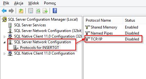 Następnie w oknie z prawej strony zaznaczyć TCP/IP i po kliknięciu prawym przyciskiem myszy wybrać opcję właściwości.