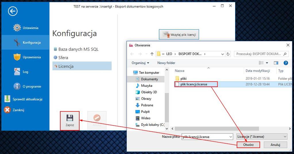 Konfiguracja Licencja Wczytaj plik licencji.
