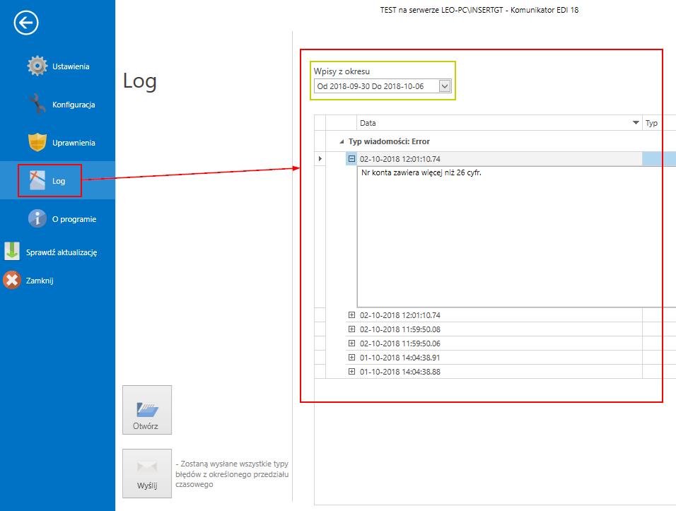 6.4 Log Log zawiera informacje z chronologicznym zapisem dotyczącym działania programu.