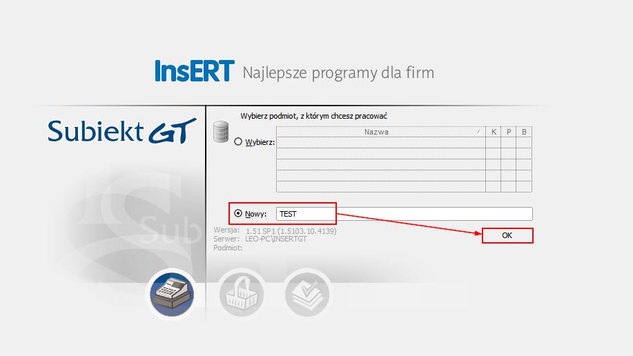 2.1 Tworzenie nowego podmiotu W oknie wyboru podmiotu należy wybrać opcję Nowy, wpisać wybraną nazwę dla podmiotu i nacisnąć przycisk OK,