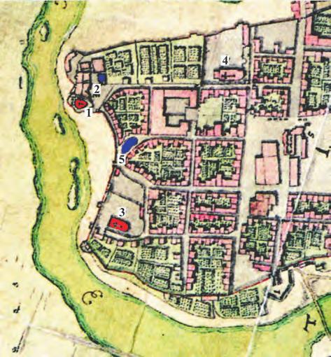 162 Ryc. 4. Zabudowa zachodniej części Krakowa na planie z 1702 r. z zaznaczonym kościołem św. Michała na Skałce (1), sadzawką św. Stanisława (2), kościołem św.