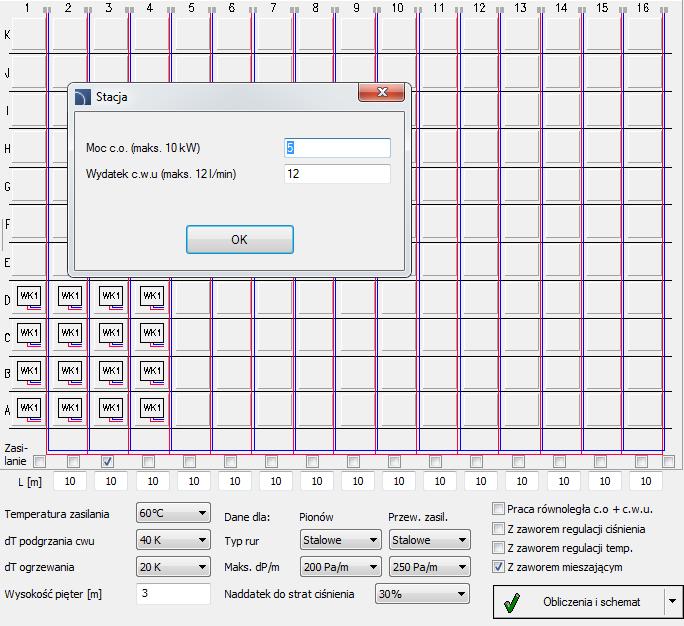 kondygnacji. Określanie mocy c.o. oraz wydajności c.w.u. dla odbiorników. Określenie sposobu obliczeń i ogólnych parametrów instalacji.