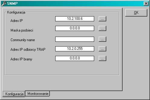 6.2. Konfiguracja agenta SNMP Dostęp do parametrów IP oraz agenta SNMP możliwy jest z poziomu aplikacji LANWIN z menu głównego. Rysunek 6-5. Zakładka SNMP.