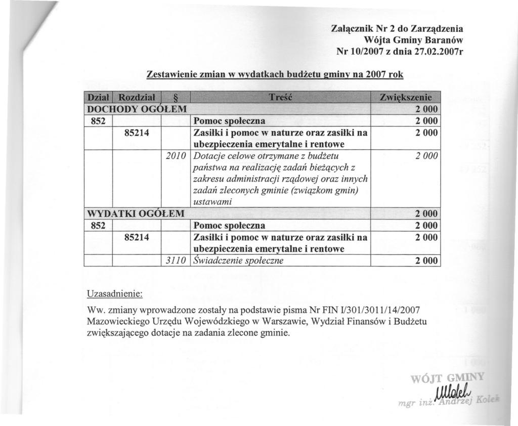 Zalacznik Nr 2 do Zarzadzenia Nr 10/2007 z dnia 27.02.2007r Zestawienie zmian w wydatkach budzetu 2minv na 2007 rok. J)Z.