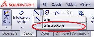 Aby linia narysowana na szkicu posiadała wygląd (i atrybut) osi, na zakładce Szkic, rozwijamy narzędzie Linia, rys. 4 i Z rozwiniętego menuwybieramy Linia środkowa. Rysunek 4.