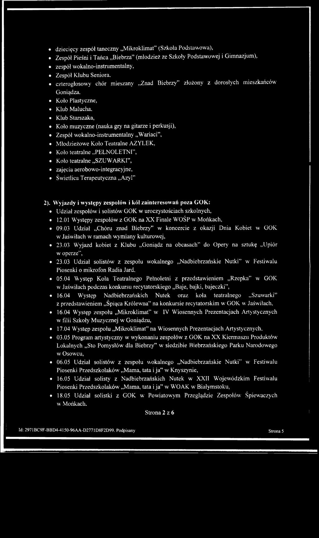 Koło Plastyczne, Klub Malucha, Klub Starszaka, Koło muzyczne (nauka gry na gitarze i perkusji), Zespół wokalno-instrumentalny Wariaci, Młodzieżowe Koło Teatralne AZYLEK, Kolo teatralne PEŁNOLETNI,