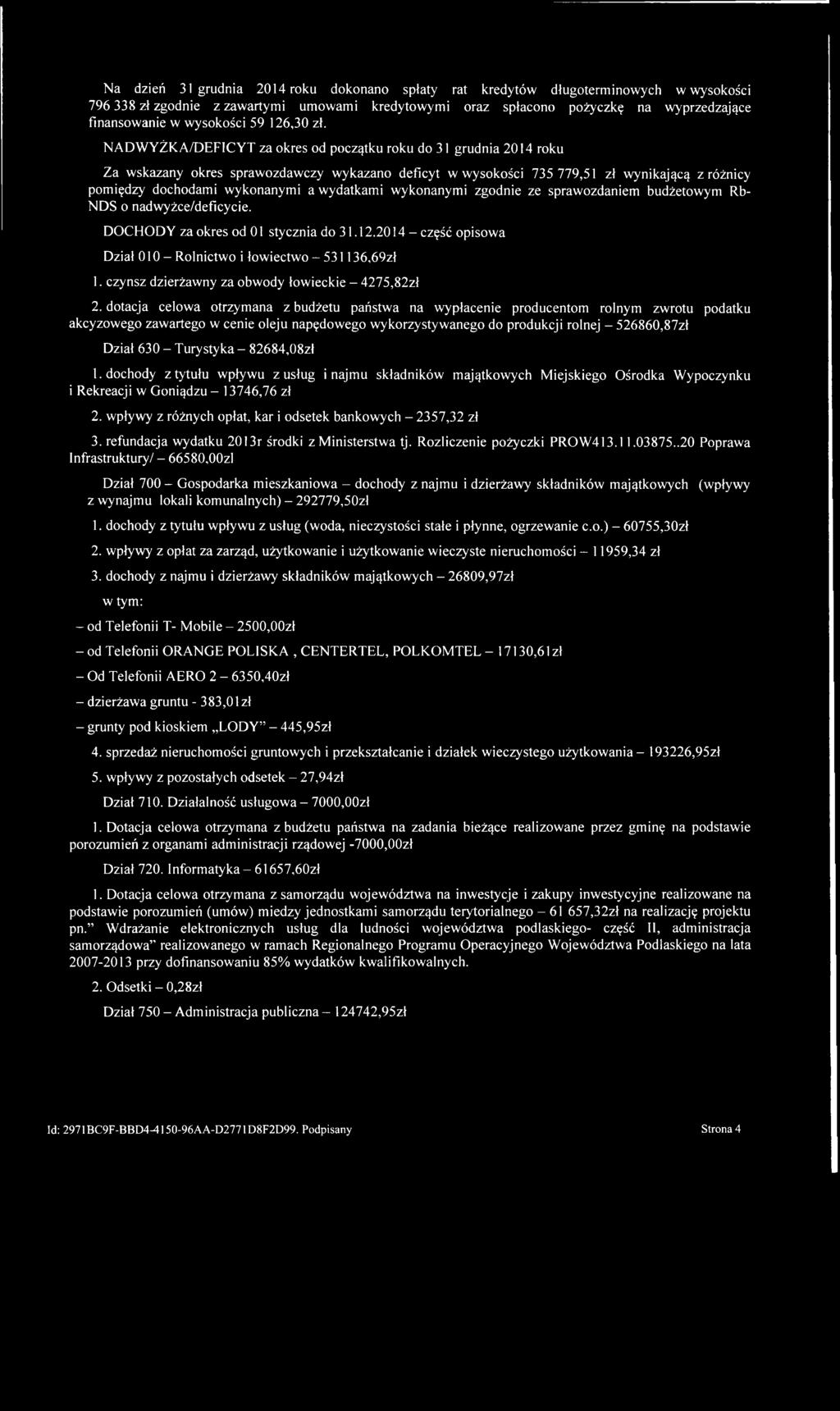 NADWYŻKA/DEFICYT za okres od początku roku do 31 grudnia 2014 roku Za wskazany okres sprawozdawczy wykazano deficyt w wysokości 735 779,51 zł wynikającą z różnicy pomiędzy dochodami wykonanymi a