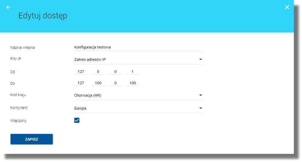 Formularz zawiera analogiczne dane jak w przypadku formatki nowej konfiguracji dostępu.