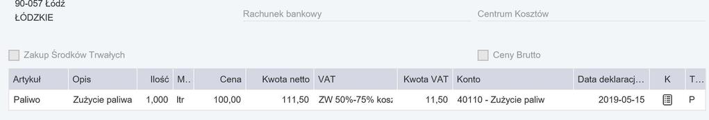 Pełna Księgowość Zastosowanie stawki ZW 50% - 75% Koszt W przypadku Pełnej Księgowości dodane zostało konto kosztów NKUP, dotyczących wydatków eksploatacyjnych na samochody, o numerze 40257 Wydatki