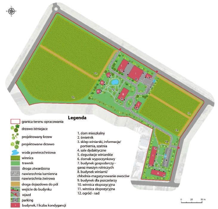94 WINNICA Z KOMPLEKSEM TURYSTYCZNO-WYPOCZYNKOWYM W STARACHOWICACH... Ryc. 5. Koncepcja zagospodarowania winiarni Ostatni jest dziedziniec gospodarczy. Składa się on z 3 budynków.