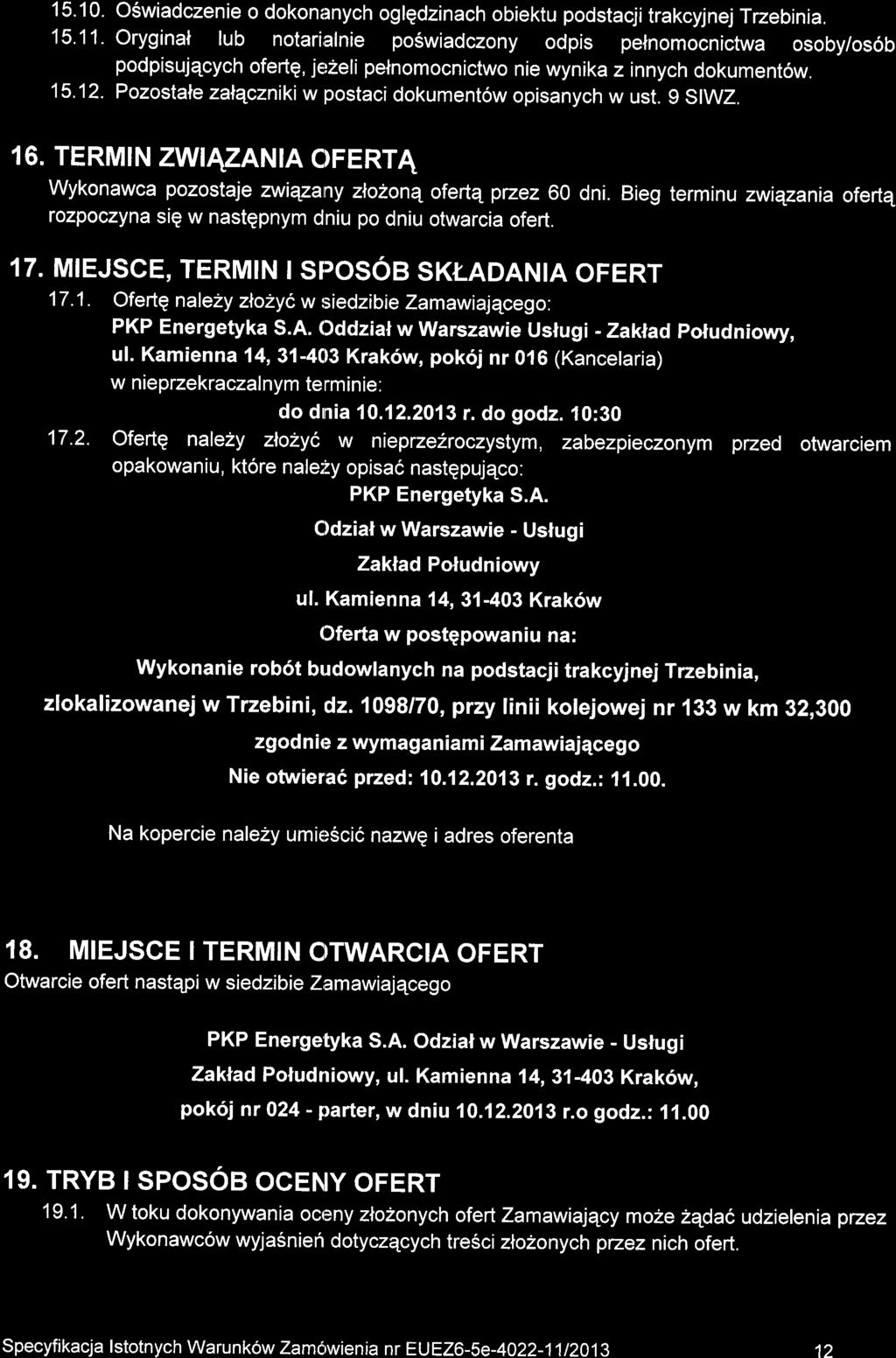 15'10. O6wiadczenie o dokonilnych oglgdzinach obiektu podstacjitrakcyjnejtrzebinia, 15.11.