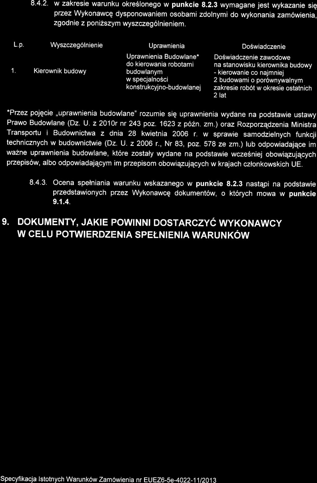 8.4'2. w zakresie warunl(u okre6lonego w punkcie 8.2.3 wymagane jest wykazanie siq ptzez Wykonawce dysponowaniem osobami zdolnymi do wykonania zam6wienia, zgodnie z poni2szym wyszczegol nien iem. L.p. Wyszczegolnienie Uprawnienia DoSwiadczenie Uprawnienia Budowlane" DoSwiadczenie zawodowe do kierowania robotami na stanowisku kierownika budowy 1.