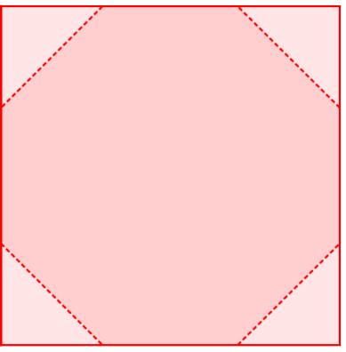 Z kwadratowego kartonika odcięto naroża, tak jak pokazano na rysunku i otrzymano ośmiokąt foremny o bokach długości 4. Oceń prawdziwość podanych zdań.