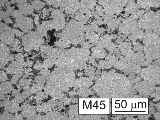 Mikrostruktury kompozytu stop Al17Si5Fe3Cu2Mg0,6Zr + 10% SiC po zagęszczaniu przy temperaturze 500 C w matrycach zamkniętych, w zależności od prędkości obrotowej mieszalnika i czasu mieszania: 0,9 s