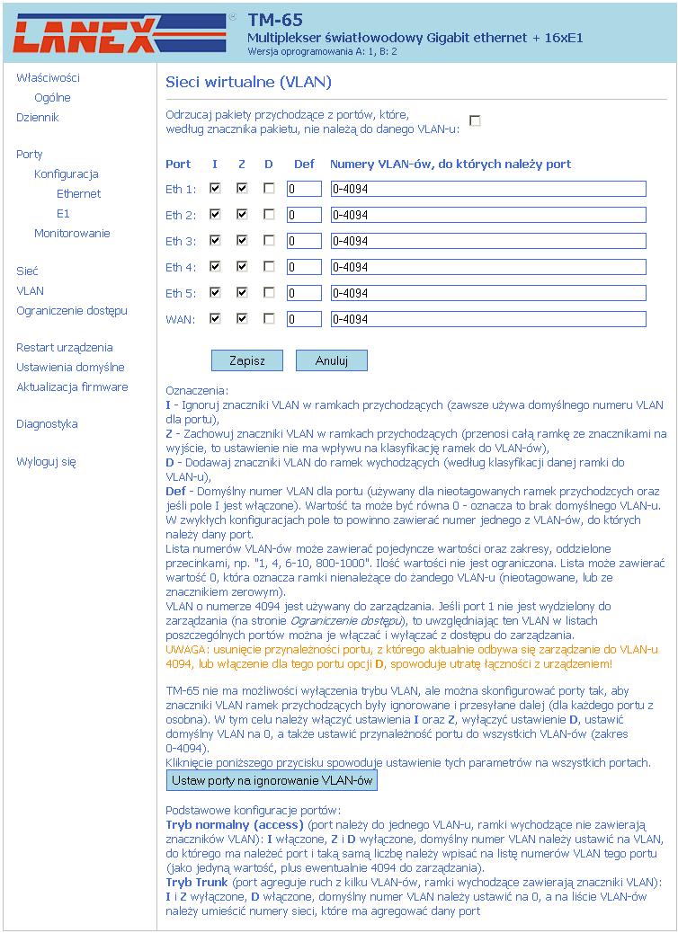 Rysunek 6-11 Strona konfiguracji VLAN Na górze strony widoczna jest opcja Odrzucaj pakiety.