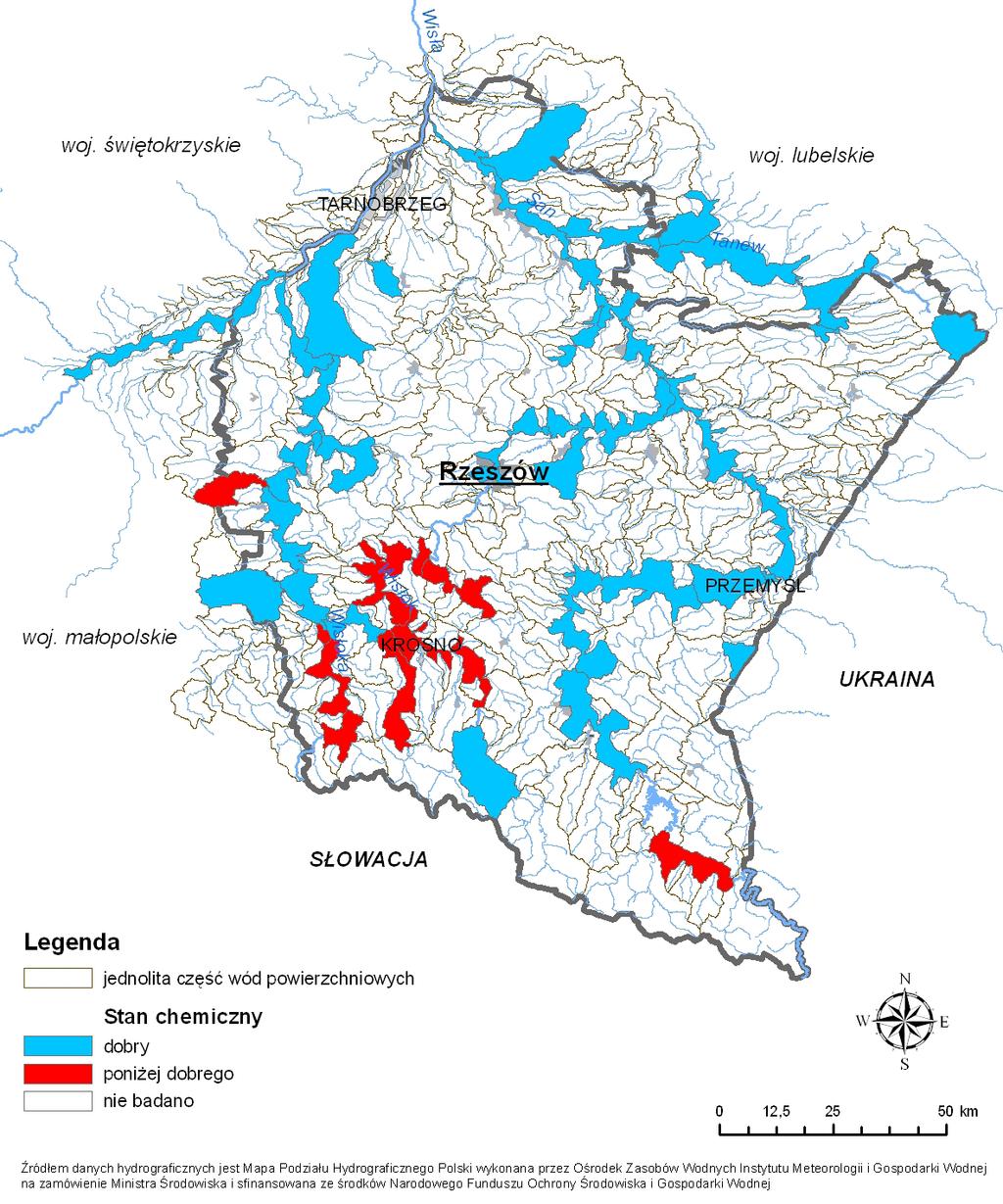 Ryc. 3.2. Klasyfikacja stanu chemicznego jednolitych części wód rzecznych w województwie podkarpackim, w 2009 r.