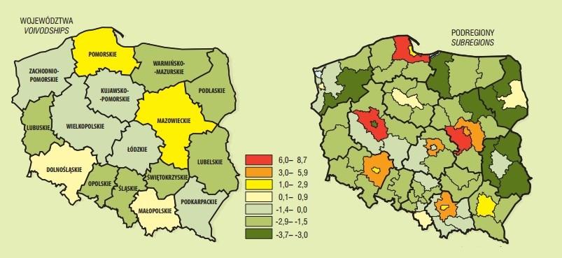 40 K. Bączek, J. Szydłowski, J. Mikołajec 2.2. Zróżnicowanie przestrzenne migracji w Polsce Pod względem przestrzennym saldo migracji wewnętrznych w Polsce jest bardzo zróżnicowane.