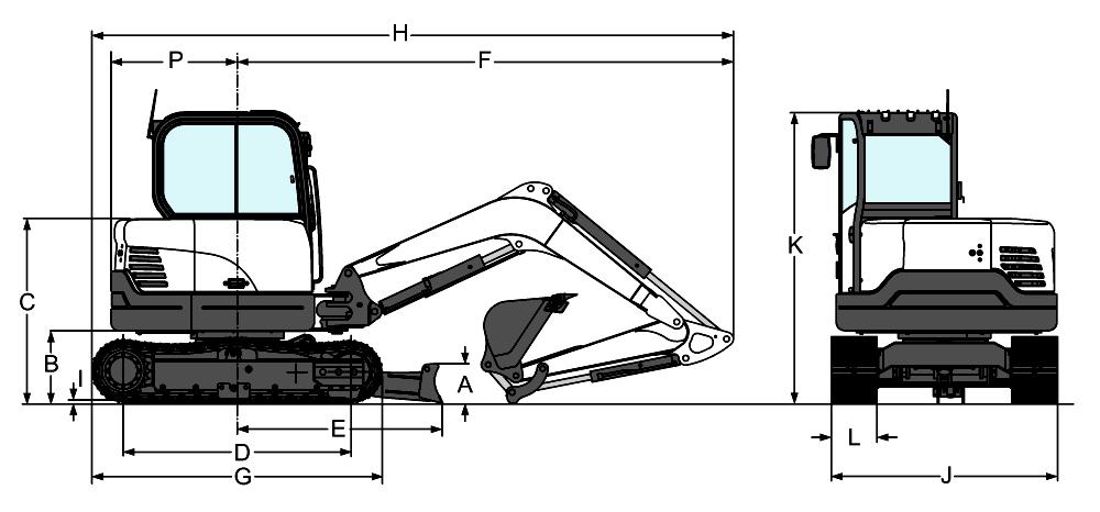 Wymiary (A) Wysokość lemiesza 410.0 mm (B) Prześwit, nadwozie na linii podłoża 635.0 mm (C) Linia podłoża do górnej części pokrywy silnika 1620.0 mm (D) Długość gąsienicy na podłożu 1990.