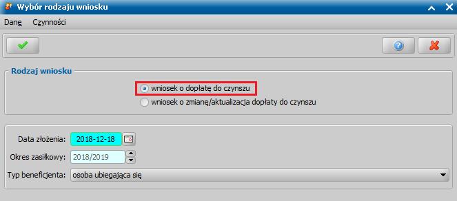 Rejestracja wniosku o dopłatę do czynszu Aby zarejestrować wniosek o dopłatę do czynszu w głównym oknie systemu wybieramy przycisk Nowy wniosek, otworzy się okno prezentujące listę rodzajów wniosków