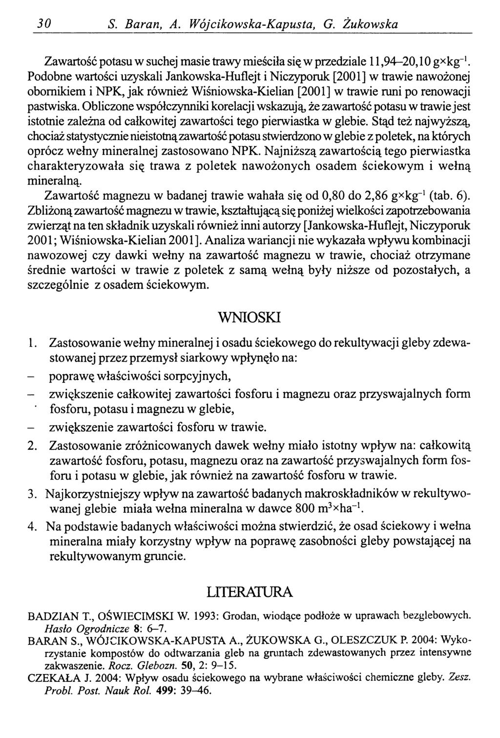 30 S. Baran, A. Wójcikowska-Kapusta, G. Żukowska Zawartość potasu w suchej masie trawy mieściła się w przedziale 11,94-20,10 gxkg_1.