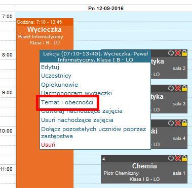 Krok 3. Następnie z menu kontekstowego należy kliknąć w Temat i obecności, aby przejść do widoku uzupełniania tematu i obecności.