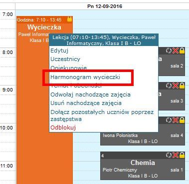 Jak wygenerować kartę wycieczki? Krok 1. Wystarczy kliknąć na wycieczkę (oznaczoną kolorem pomarańczowym), żeby rozwinęło się podręczne menu kontekstowe.