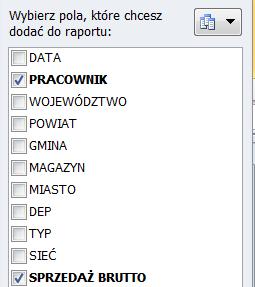 9) Na liście pól przedstawionych na belce po prawej stronie program prezentuje nagłówki bazy danych Pola, które można wybierać tym samym dodając je do jednego z czterech