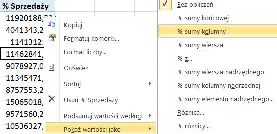 separator tekstu od liczby. 15) Przeciągnij myszą z listy pól nazwę Sprzedaż Brutto ponownie do pola wartości.