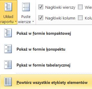 odpowiednimi wartościami wybierz Układ raportu/powtórz wszystkie etykiety elementów.