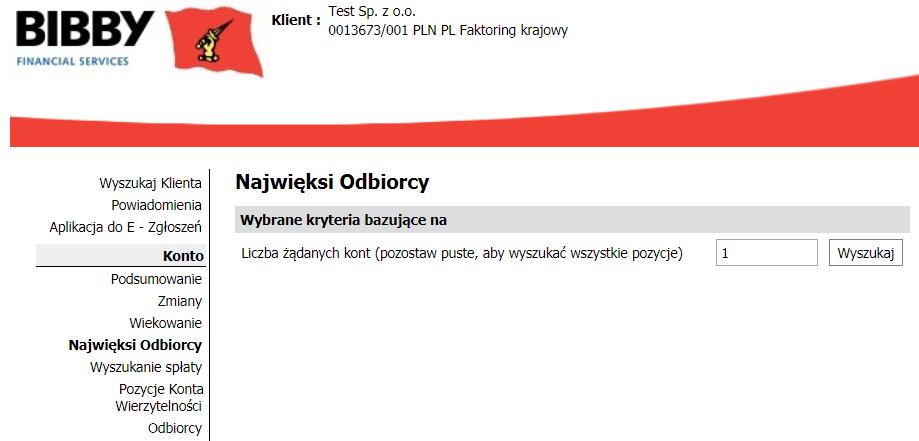 Możesz zostawić to pole puste, aby wyświetlić wszystkich odbiorców. 1. Kliknij opcję menu NAJWIĘKSI ODBIORCY. 2. Wpisz liczbę odbiorców, których chcesz wyświetlić.