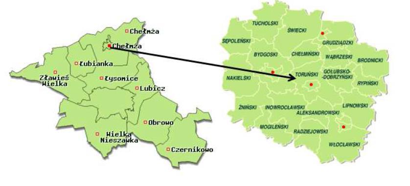 Rysunek 2. Lokalizacja Miasta Chełmża na tle województwa kujawsko-pomorskiego oraz na tle powiatu toruńskiego. Źródło: Strategia Rozwoju Miasta Chełmży na lata 2016 2022.