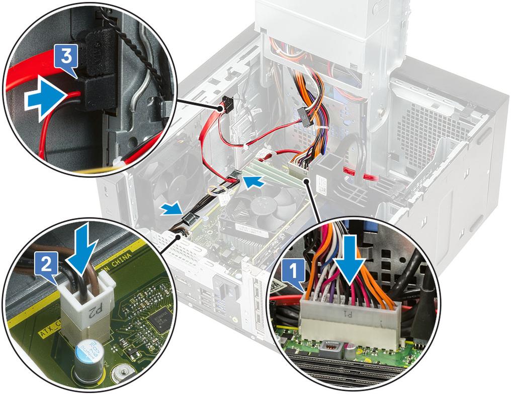 1 Podłącz kabel zasilania płyty systemowej 2 Umieść kabel zasilania CPU w prowadnicy na obudowie