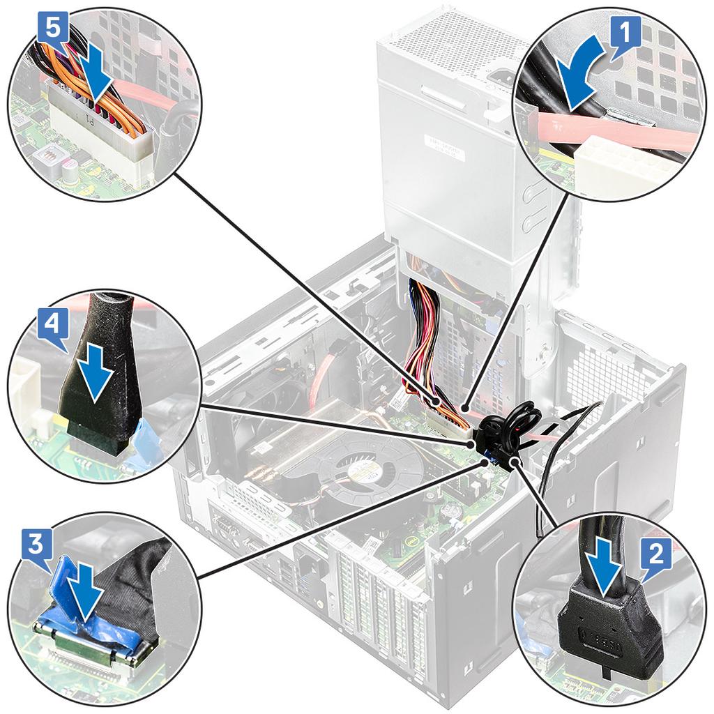 5 Poprowadź kabel IO audio przez zacisk prowadnicy obok płyty systemowej na obudowie [1].