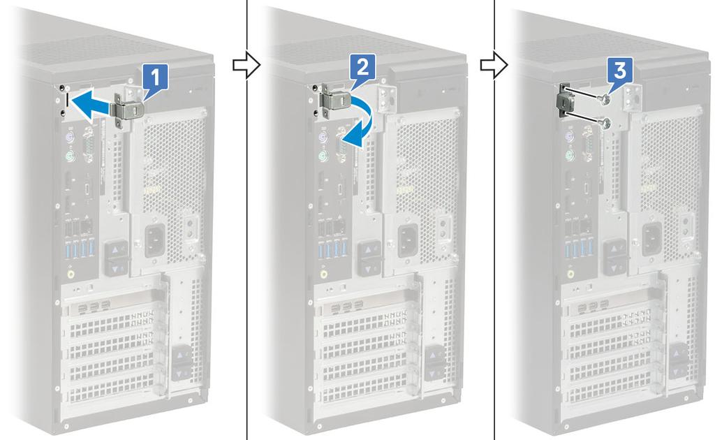 A Pokrywa kabla Pokrywa kabli do komputera Precision Tower 3630 ułatwia ochronę portów i kabli podłączonych do systemu. Aby zainstalować pokrywę kabli na obudowie systemu, wykonaj poniższe czynności.