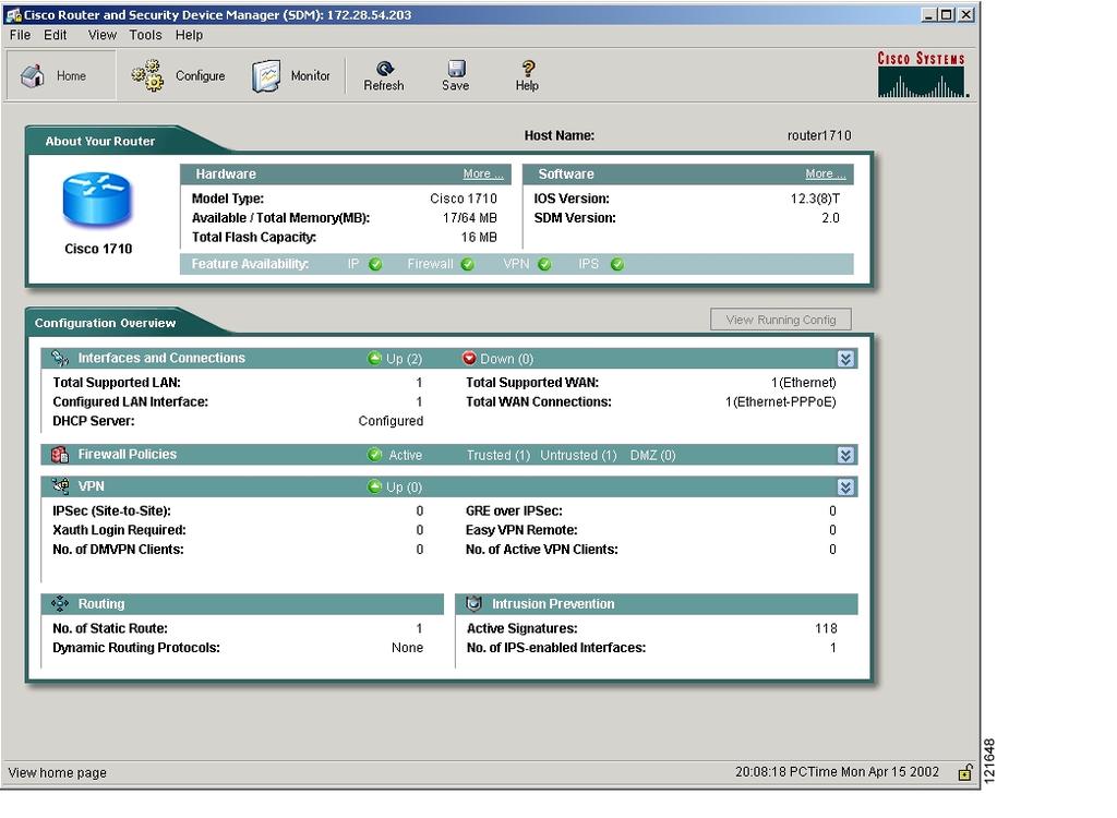 Weryfikacja SDM Sprawdzenie czy w pamięci flash zostały zapisane pliki z SDM: Router# show flash: System flash directory: File Length Name/status 1 5148536 c831-k9o3y6-mz.122-13.zh1.bin 2 14617 sdm.