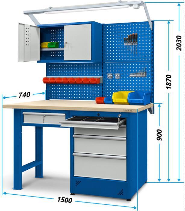 Stoły warsztatowe 1500mm Profesjonalne stoły przeznaczone do warsztatów oraz wydziałów produkcyjnych i remontowych Konstrukcja modułowa, z blatem opartym na przykręcanych nogach lub szafkach (stół