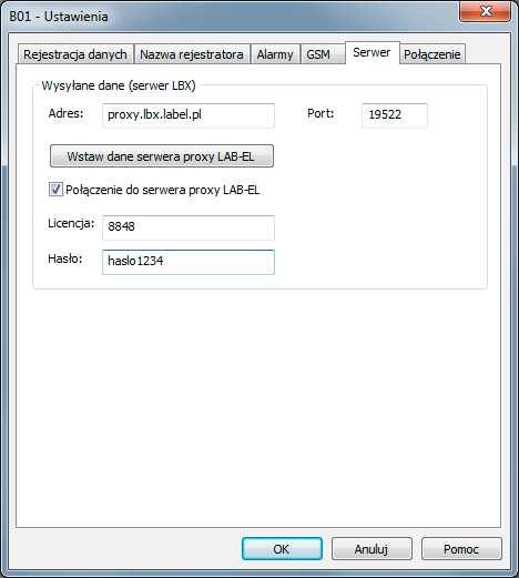 Konfiguracja bezpośredniej wymiany danych z serwerem LBX. W oknie możemy wprowadzić adres IP i port serwera LBX. W tym przypadku powinniśmy dysponować stałym publicznym adresem.