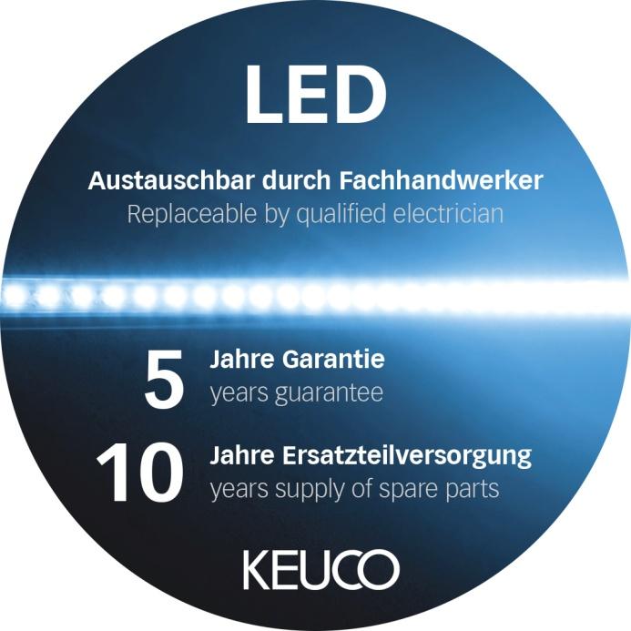 Technologia KEUCO LED w pigułce (ROYAL LUMOS): Natężenie światła: bezstopniowe ściemnianie Barwa światła: bezstopniowa regulacja od ciepłej bieli o mocy 2700 kelwinów po światło dzienne o mocy 6500