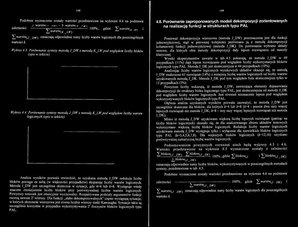 4. Porównanie syntezy metodą J_ D W z metodą K JL W pod wzglądem liczby warstw logicznych (opis w tekście) Analiza wyników pozwala stwierdzić, że uzyskana metodą J_DW redukcja liczby bloków pociąga