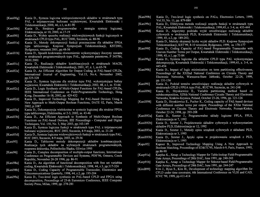 , Metody dekompozycji funkcji przeznaczone dla układów FPGA typu tablicowego. Krajowe Sympozjum Telekomunikacji, KST2001, Bydgoszcz, wrzesień 2001, pp.48-56 Kania D.