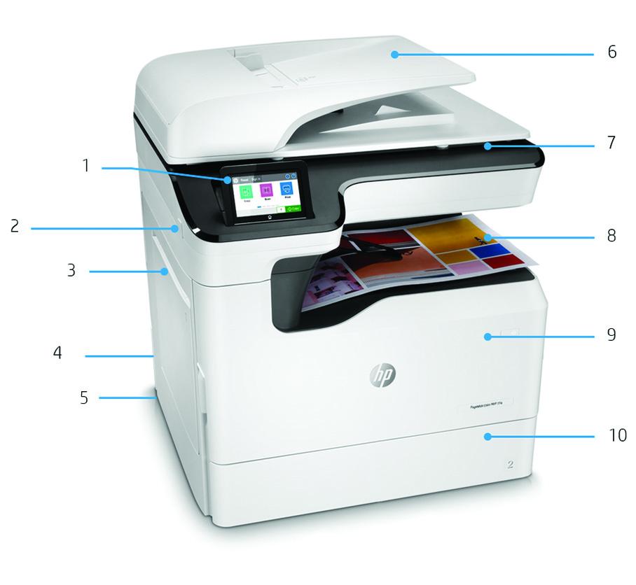 Przegląd produktu Przedstawiono urządzenie wielofunkcyjne HP PageWide Color MFP 774dn. Kolorowy obrotowy ekran dotykowy o przekątnej 0,9 cm (4,3 cala) 2. Łatwo dostępny port USB 3.